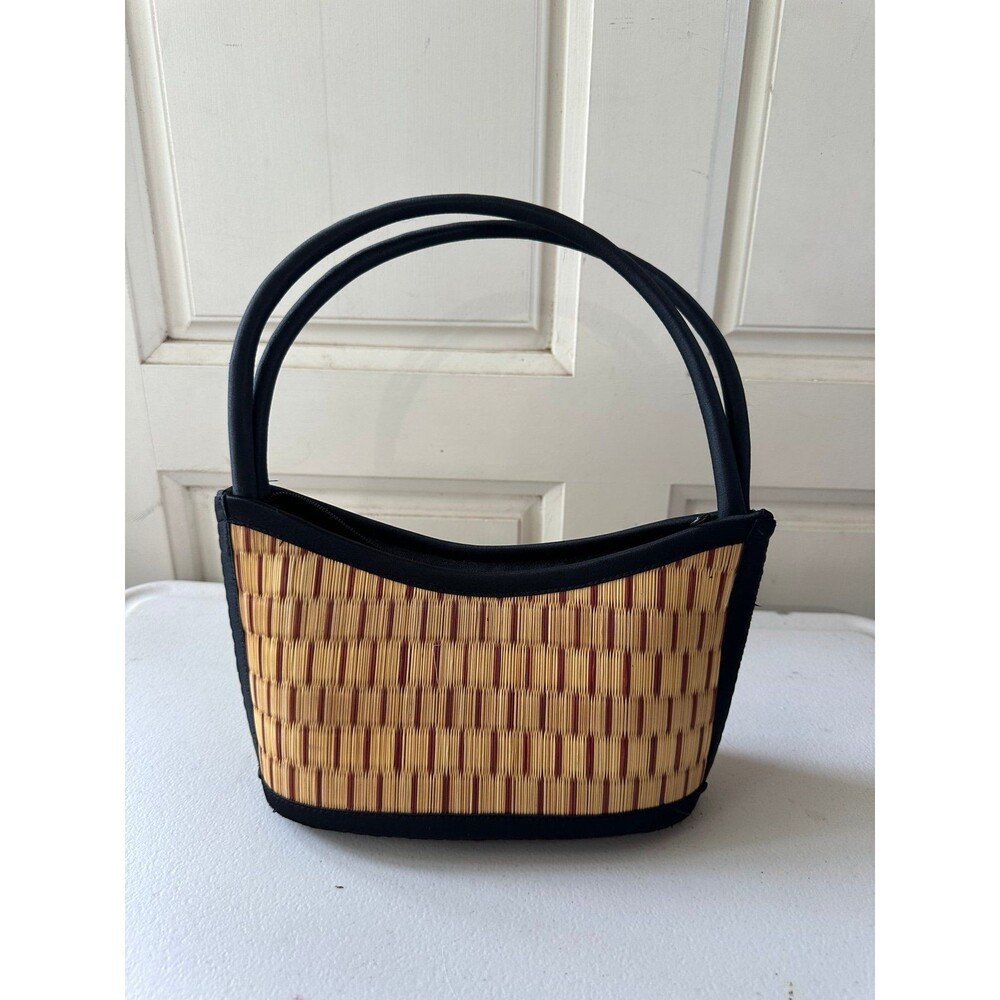 Hawaiian Islander Inspired Saraye Tatami Curved Black Handles Woven Bag Purse